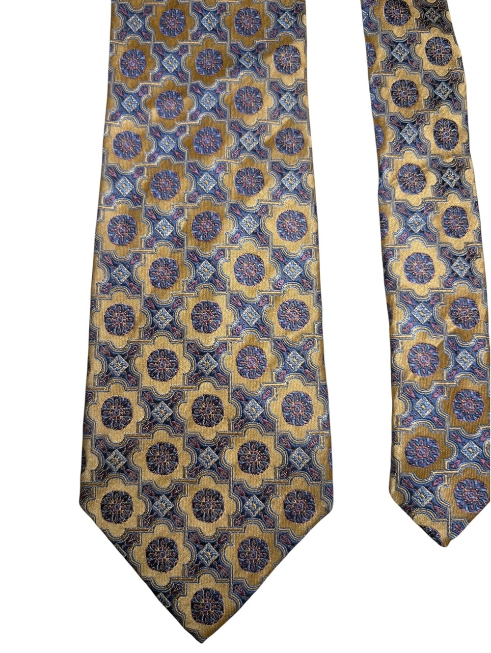 Daniel de Fasson 100% Silk Yellow Blue Jacquard Medallion Handmade Tie